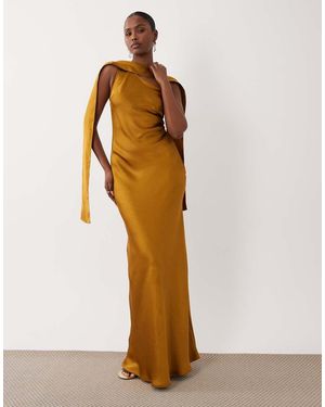 TFNC London Vestido Largo Asimétrico Con Fular De Satén-Marrón