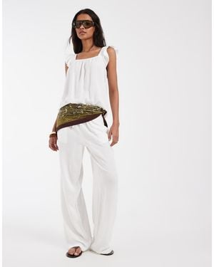 Pieces Tie Waist Wide Leg Linen Blend Trousers Co-ord - White