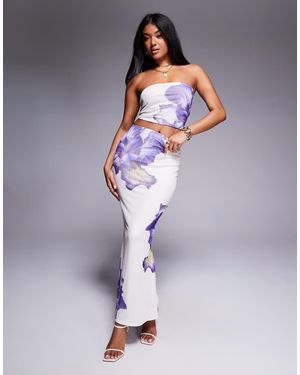 Kaiia Exclusive Double Layered Slinky Mesh Floral Maxi Skirt Co-ord - Blue