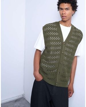 TOPMAN Relaxed Fit Button Through Knitted Tank - Green