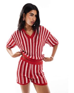 ASOS Crochet Look Polo Top Co-Ord - Red