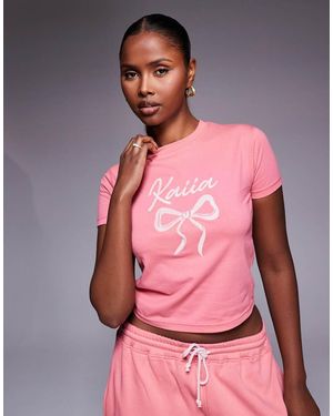 Kaiia Embroidered Bow Logo Crew Neck Short Sleeve Crop Top - Pink