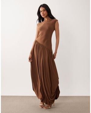 ASOS Slinky Bubble Hem Maxi Dress With Asymmetric Seam - Brown