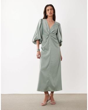 Y.A.S Knot Front Volume Sleeve Satin Midi Dress - Gray