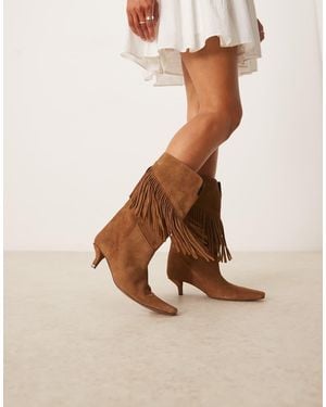 ASOS Carmine Premium Suede Fringe Knee Boots - Natural