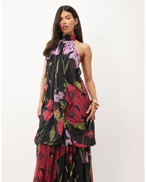 ASOS Maxi Jurk Van Stretchchiffon Met Halternek, Verlaagde Zoom En Print - Wit