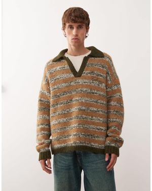Collusion Knitted Stripe Boxy Collared Sweat Sweater - Natural