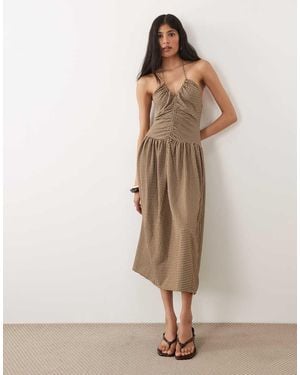 Mango V-Neck Sleeveless Ruched Waist Midi Dress - Natural