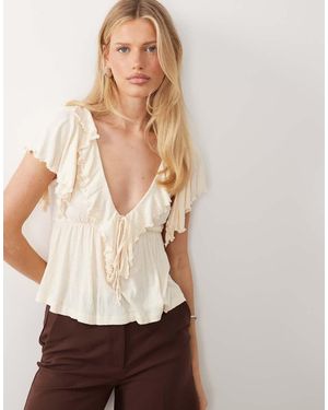 ASOS Crinkle Plunge Ruffle Flutter Sleeve Top - Natural