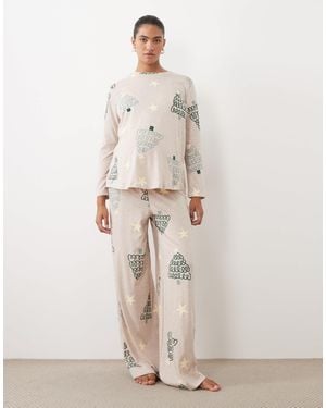 ASOS Asos Design Maternity Long Sleeve Top & Wide Leg Trouser Pajama Set - Natural