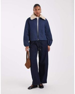 Noisy May Faux Fur Collar Bomber Jacket - Blue