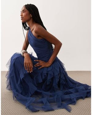 LACE & BEADS Bridesmaid One Shoulder Waterfall Ruffle Maxi Dress - Blue