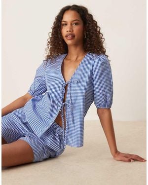 Vila Top A Cuadros Vichy Azules De Manga Corta Con Lazada Delantera De Popelina De (Parte De Un Conjunto)