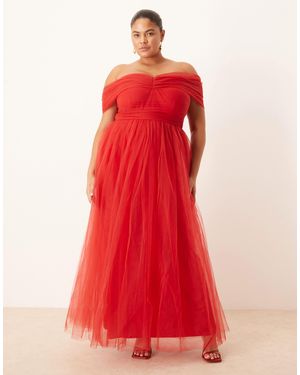 Lace & Beads Plus Off Shoulder Maxi Tulle Dress - Red
