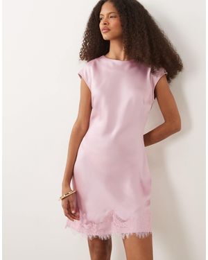 ASOS Slash Neck Satin Mini Dress With Lace Hem - Pink