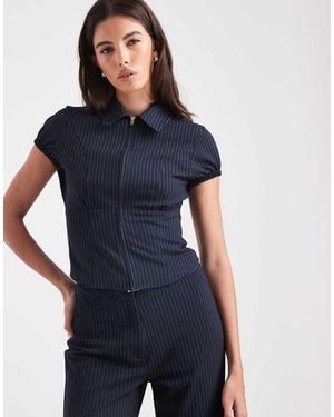 Collusion Tailored Pinstripe Zip Front Shirt - Blue