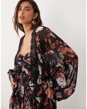 ASOS Lace Trim Long Sleeved Corset Detail Maxi Dress - Brown