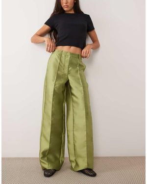 Vila Wide Leg Seam Detail Tafetta Trousers - Green