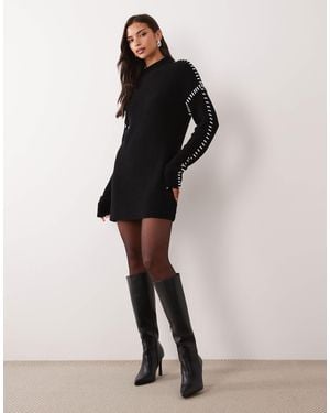 Aria Cove Knitted Oversized Contrast Stitch Mini Sweater Dress - Black