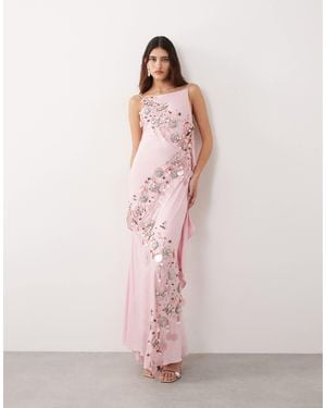 ARRANGE Embellished Drape Satin Maxi Dress - Pink