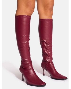Public Desire Scorpion Burgundy Mid Heel Sock Knee High Boots - Red