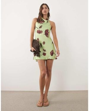 ASOS Vestido Corto Verde Con Estampado Floral Y Cuello Desbocado De Satén