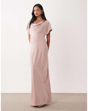 TFNC London Bridesmaids Satin Drop Shoulder Bias Maxi Dress - Pink