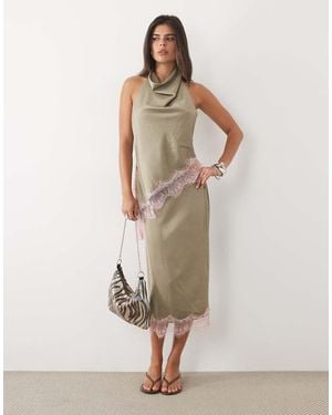 Missy Empire Falda Midi De Satén Con Ribete De Encaje En, Conjunto-Verde - Neutro
