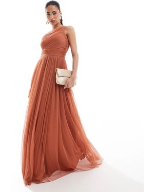 LACE & BEADS Bridesmaid One Shoulder Tulle Maxi Dress - Red