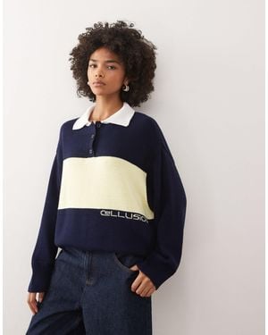 Collusion Oversized Knitted Rugby Polo - Blue
