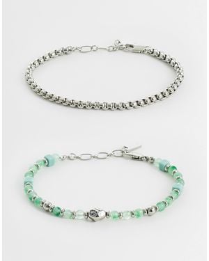 ASOS 2 Pack Green Prehnite Semi-precious Square Beaded And Chain Bracelet - Gray