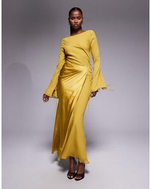 ASOS Chiffon Long Sleeved Slash Neck Maxi Dress With Satin Wrap Skirt - Yellow