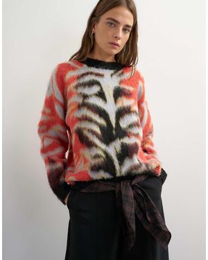 TOPSHOP Gebreide Fluffy Trui Met Ruimvallende Pasvorm, Geborstelde Abstracte Print En Ronde Hals - Rood