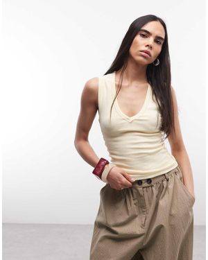 Collusion Low V Neck Exposed Seam Ribbed Singlet - Natural