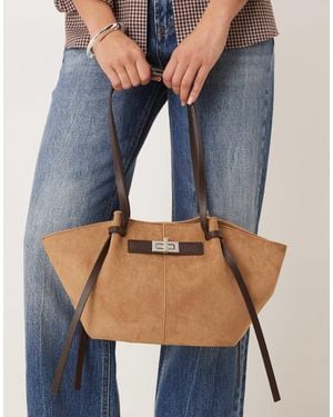 Gina Tricot Faux Suede Small Tote Bag With Strap And Clutch Detail - Blue
