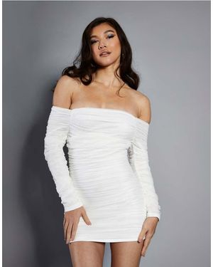 NARRATED Ruched Bardot Mini Dress - White