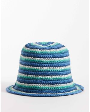 Collusion Crochet Knitted Stripe Bucket Hat - Blue