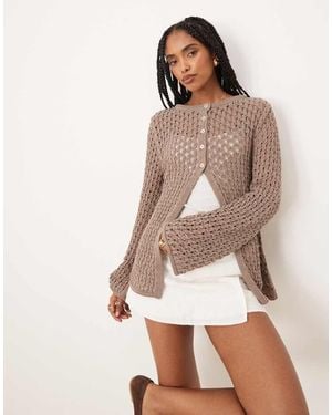 ASOS Slash Neck Open Crochet Knit Cardigan - Brown