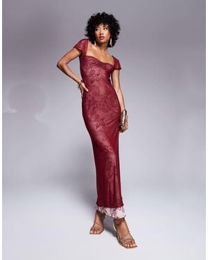 ASOS Sweetheart Neckline Double Layer Mesh And Lace Print Maxi Dress - Red