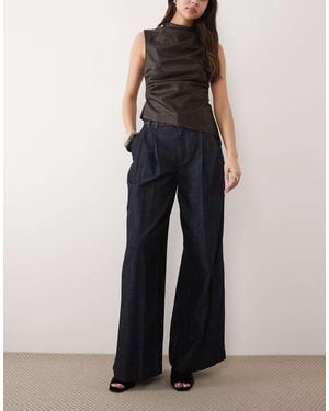 Mango Artemide 100% Cotton Pleat Front Wide Leg Jean - Blue