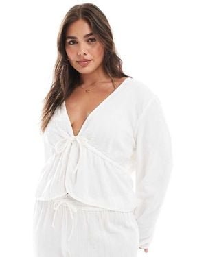 Pieces Plus Pieces Curve Crinkle Cotton Tie Front Cropped Blouse Co-Ord - White