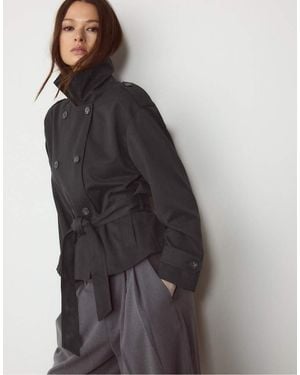 Stradivarius Cropped Trench Coat With Belt - Black