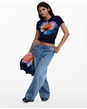 Desigual T-Shirt Met Grote Bloem - Blauw