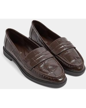 Yours Clothing Wide Fit Croc Embossed Loafers - Brown