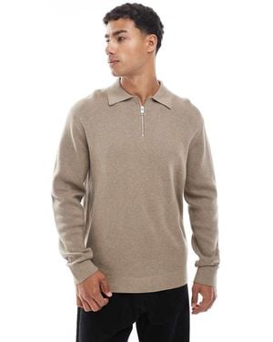 Jack & Jones Premium Long Sleeve Knitted Polo With Quarter Zip - Grey