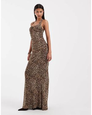 ASOS Printed Leopard Mesh Dress With Sweetheart Halter Neckline - Brown