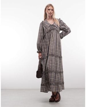 Daisy Street Long Sleeve Smock Maxi Dress With Big Collar - Blue