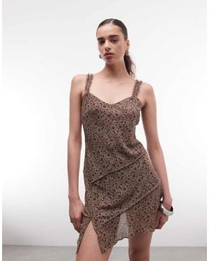 Monki Asymmetric Ruffle Chiffon Mini Dress - Brown