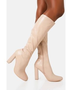 Public Desire Christina Pu Pointed Toe Block Heel Knee High Boots - Natural