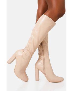Public Desire Christina Pu Pointed Toe Block Heel Knee High Boots - Natural